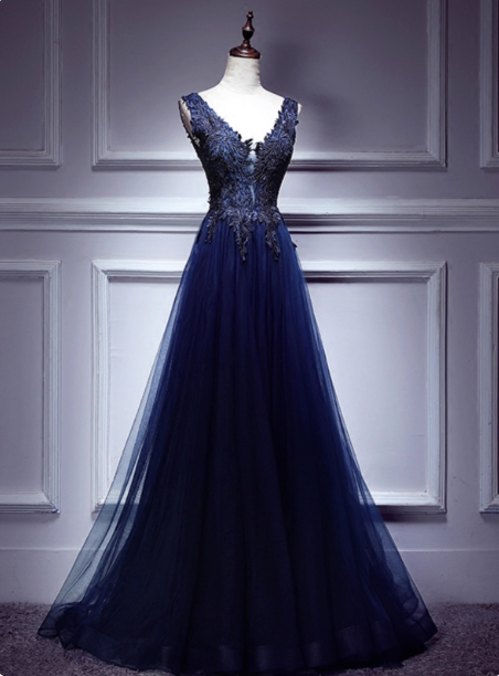 Elegant Vintage Navy Blue V-Neck Lace Embroidery Tulle Long Prom Dresses Evening Dresses Main image