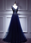 Elegant Vintage Navy Blue V-Neck Lace Embroidery Tulle Long Prom Dresses Evening Dresses