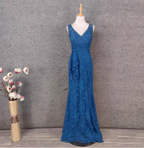 Elegant Vintage Royal Blue V-Neck Lace Long Prom Dresses Evening Dresses