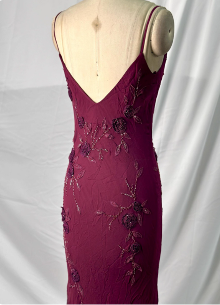 Elegant Vintage Burgundy Beaded Embroidery Thin Strap Mermaid Chiffon Long Prom Dresses Evening Dresses
