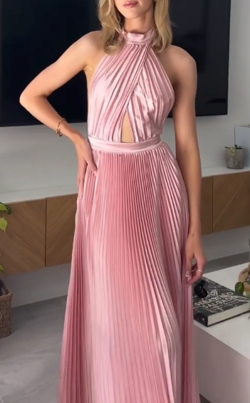 Elegant Wedding Guest Outfit A Line Halter Hot Pink Satin Prom Dress Summer Wedding Guest Dress Graduation Dresses