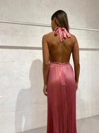 Elegant Wedding Guest Outfit A Line Halter Hot Pink Satin Prom Dress Summer Wedding Guest Dress Graduation Dresses