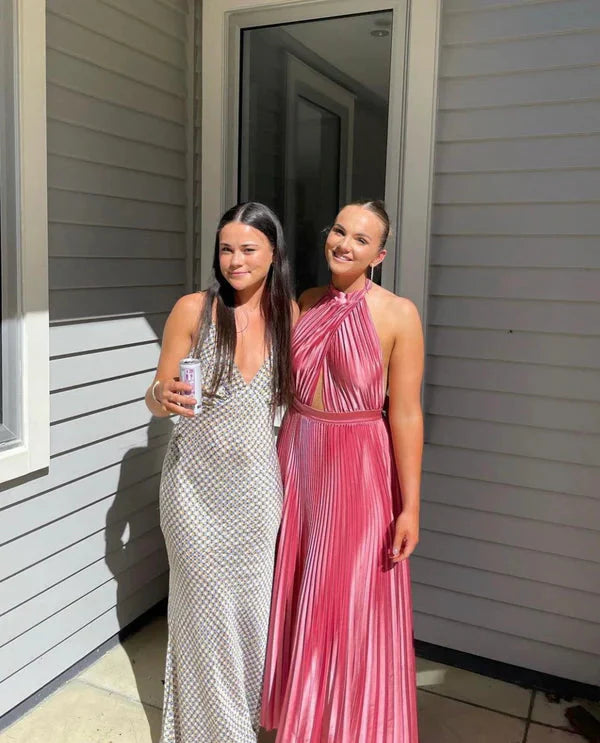 Elegant Wedding Guest Outfit A Line Halter Hot Pink Satin Prom Dress Summer Wedding Guest Dress Graduation Dresses