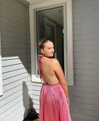 Elegant Wedding Guest Outfit A Line Halter Hot Pink Satin Prom Dress Summer Wedding Guest Dress Graduation Dresses