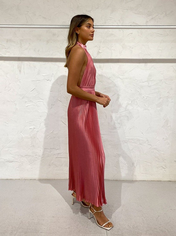 Elegant Wedding Guest Outfit A Line Halter Hot Pink Satin Prom Dress Summer Wedding Guest Dress Graduation Dresses