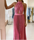 Elegant Wedding Guest Outfit A Line Halter Hot Pink Satin Prom Dress Summer Wedding Guest Dress Graduation Dresses