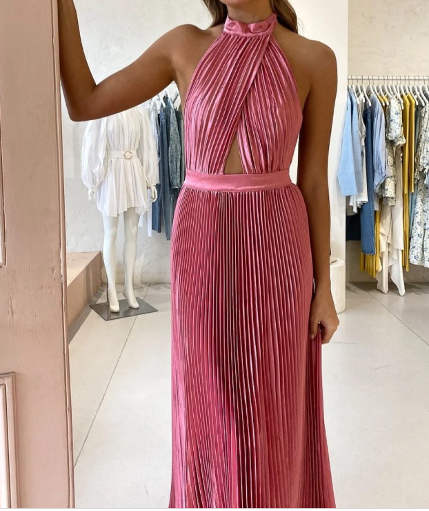 Elegant Wedding Guest Outfit A Line Halter Hot Pink Satin Prom Dress Summer Wedding Guest Dress Graduation Dresses
