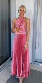 Elegant Wedding Guest Outfit A Line Halter Hot Pink Satin Prom Dress Summer Wedding Guest Dress Graduation Dresses