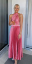 Elegant Wedding Guest Outfit A Line Halter Hot Pink Satin Prom Dress Summer Wedding Guest Dress Graduation Dresses