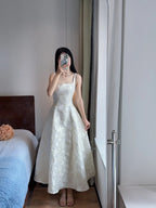 Elegant White A-Line Square Neck Halter Top With Butterfly Jacquard Satin Long Prom Dresses Evening Dresses