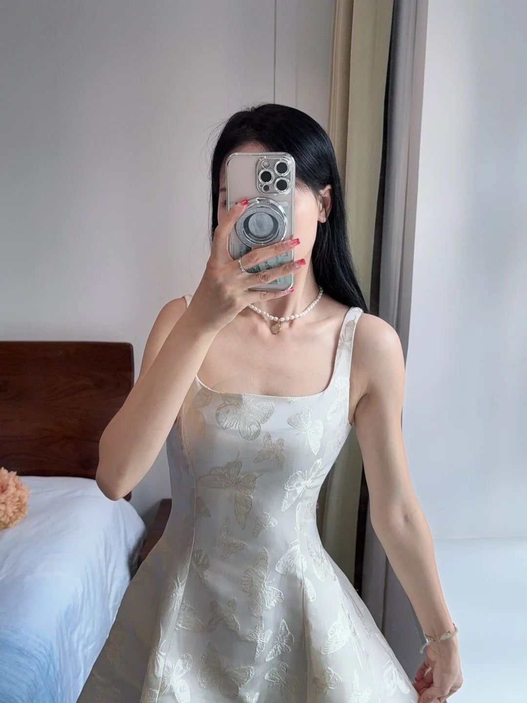 Elegant White A-Line Square Neck Halter Top With Butterfly Jacquard Satin Long Prom Dresses Evening Dresses