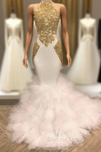 Elegant White And Gold Mermaid Prom Dresses Sequins High Collar Chiffon Long