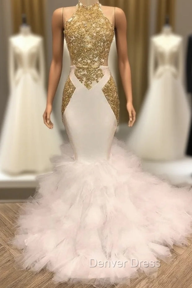Elegant White And Gold Mermaid Prom Dresses Sequins High Collar Chiffon Long