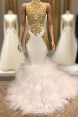 Elegant White And Gold Mermaid Prom Dresses Sequins High Collar Chiffon Long