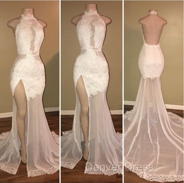 Elegant White Lace Halter Prom Party GownsMermaid Backless Party Dresses With Slit Secondary image