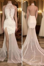 Elegant White Lace Halter Prom Party GownsMermaid Backless Party Dresses With Slit