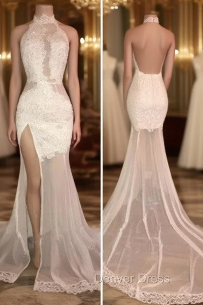 Elegant White Lace Halter Prom Party GownsMermaid Backless Party Dresses With Slit