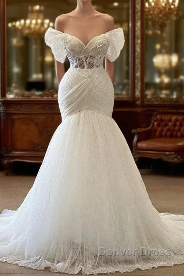 Elegant White Long Mermaid Off the Shoulder Tulle Lace Wedding Dresses Main image