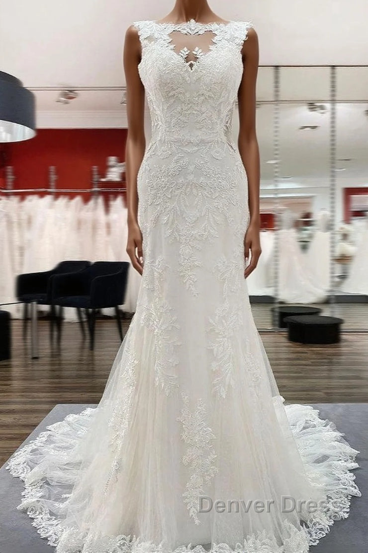 Elegant White Long Mermaid Tulle Lace Open Back Wedding Dresses Main image