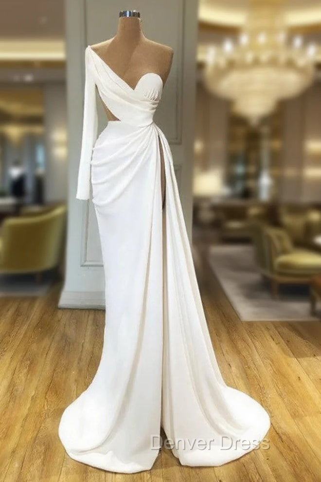 Elegant White Long Sleeve One Shoulder Prom Dresses With Split Main image
