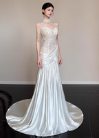 Elegant White Mermaid Halter Neck Lace Satin Train Wedding Dresses