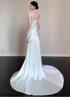 Elegant White Mermaid Halter Neck Lace Satin Train Wedding Dresses