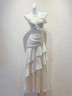 Elegant White Mermaid Ruffle Satin Prom Dresses Evening Dresses Bridesmaid Dresses