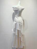 Elegant White Mermaid Ruffle Satin Prom Dresses Evening Dresses Bridesmaid Dresses