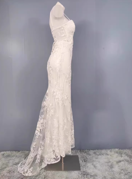 Elegant White Mermaid Spaghetti Strap Lace Slit Long Prom Dresses Evening Dresses Secondary image