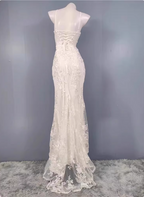 Elegant White Mermaid Spaghetti Strap Lace Slit Long Prom Dresses Evening Dresses