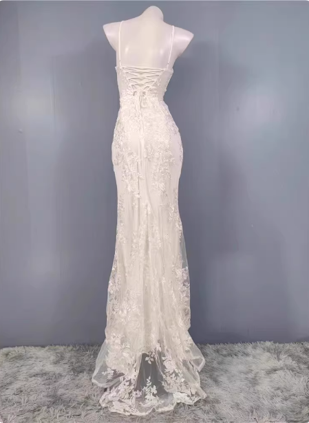 Elegant White Mermaid Spaghetti Strap Lace Slit Long Prom Dresses Evening Dresses