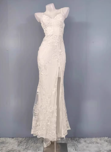Elegant White Mermaid Spaghetti Strap Lace Slit Long Prom Dresses Evening Dresses Main image