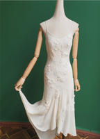Elegant White Mermaid Spaghetti Strap U-Neck 3D Foral Embroidery Chiffon Prom Dresses Evening Dresses