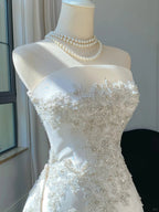 Elegant White Mermaid Strapless Beaded Satin Wedding Dresses With Train