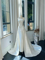 Elegant White Mermaid Strapless Beaded Satin Wedding Dresses With Train
