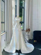 Elegant White Mermaid Strapless Beaded Satin Wedding Dresses With Train