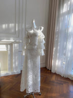 Elegant White Mermaid Strapless Off-The-Shoulder Lace Long Prom Dresses Evening Dresses