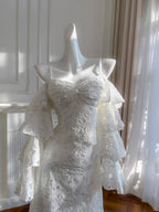 Elegant White Mermaid Strapless Off-The-Shoulder Lace Long Prom Dresses Evening Dresses