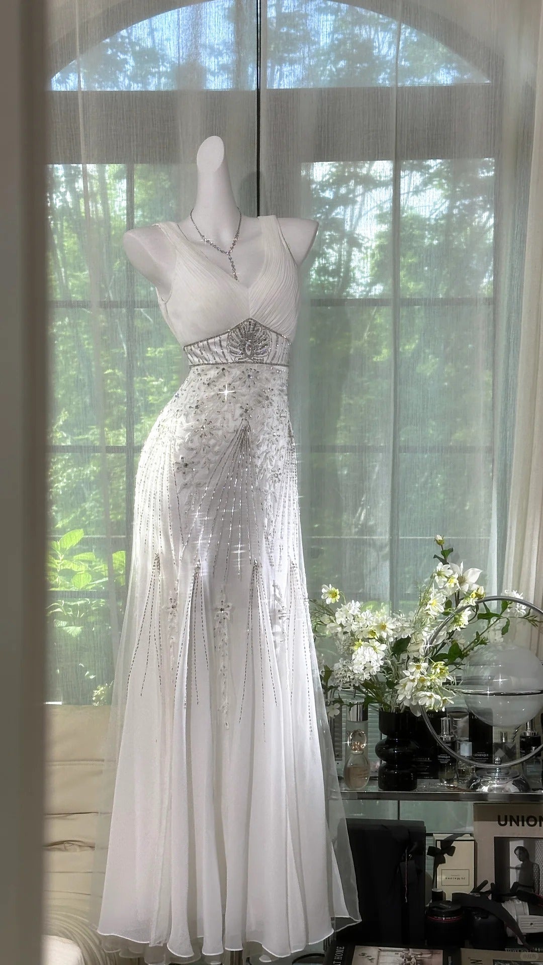 Elegant White Mermaid Strapless V-Neck Beaded Chiffon Long Prom Dresses Evening Dresses