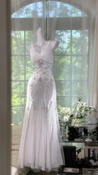 Elegant White Mermaid Strapless V-Neck Beaded Chiffon Long Prom Dresses Evening Dresses
