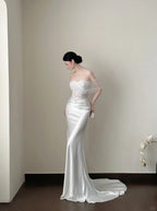 Elegant White Mermaid Sweetheart Neckline Lace Satin Long Wedding Dresses
