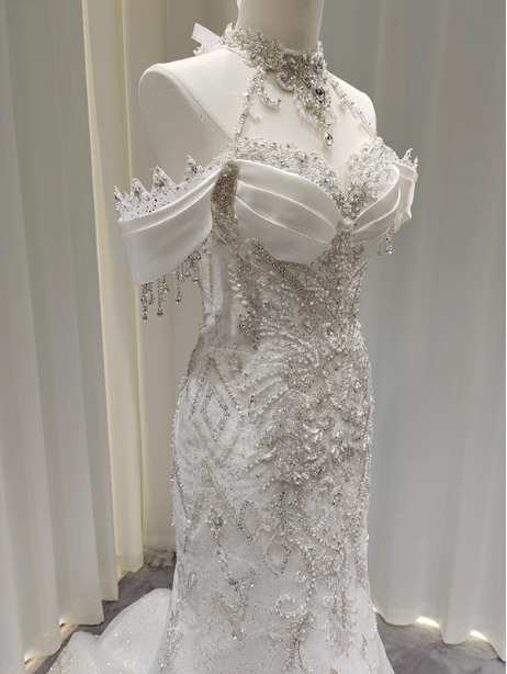 Elegant White Mermaid Train Halter Off-The-Shoulder Beaded Lace Tulle Prom Dresses Evening Dresses Secondary image