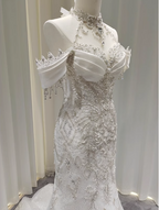 Elegant White Mermaid Train Halter Off-The-Shoulder Beaded Lace Tulle Prom Dresses Evening Dresses