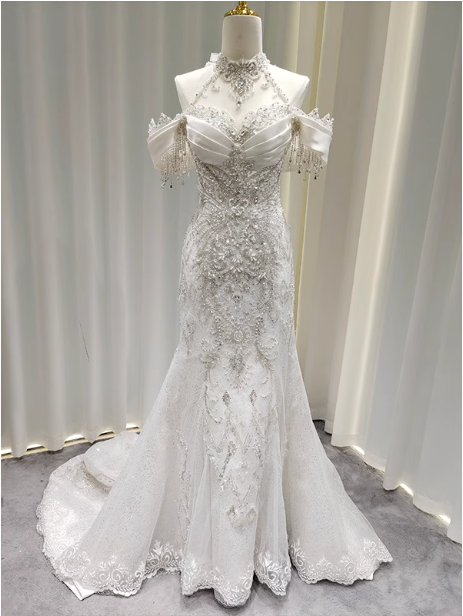 Elegant White Mermaid Train Halter Off-The-Shoulder Beaded Lace Tulle Prom Dresses Evening Dresses