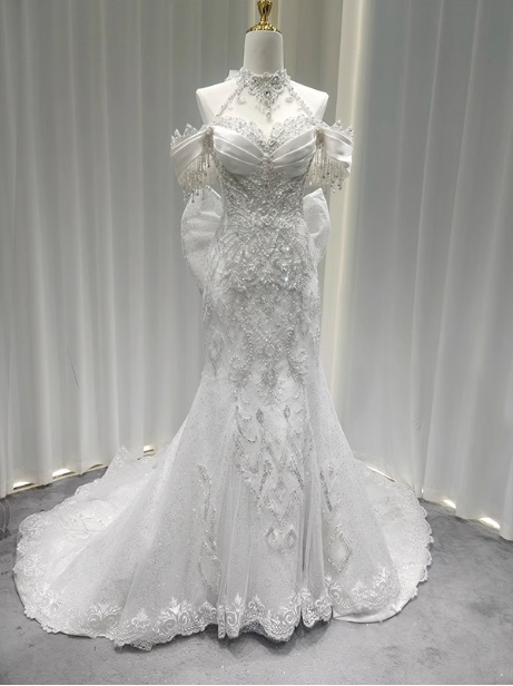 Elegant White Mermaid Train Halter Off-The-Shoulder Beaded Lace Tulle Prom Dresses Evening Dresses Main image