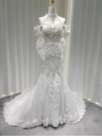Elegant White Mermaid Train Halter Off-The-Shoulder Beaded Lace Tulle Prom Dresses Evening Dresses