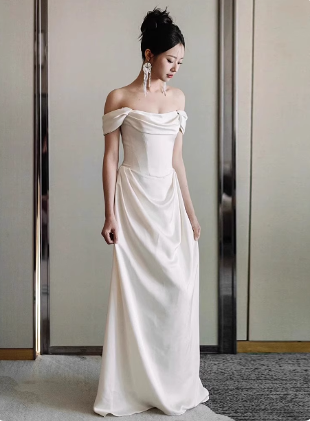 Elegant White Off-The-Shoulder Satin Long Prom Dresses Evening Dresses Wedding Dresses