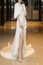 Elegant White Puffy Sleeves Long Prom Dress With Leg Slit White Wedding Prom Dresses