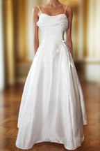Elegant White Satin Spaghetti Straps Prom Dresses Fairy A Line Princess Dresses Evening Gown