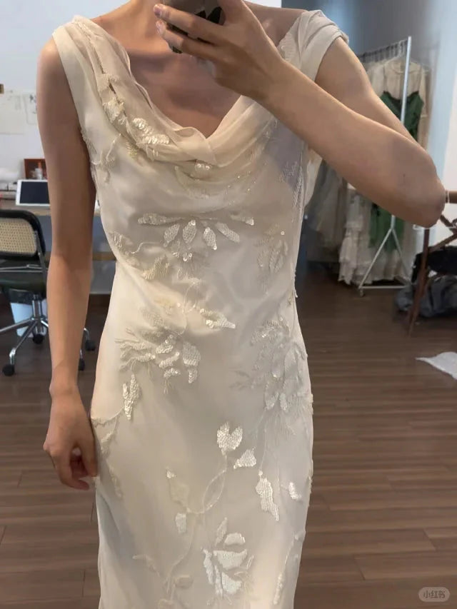 Elegant White Swing Neck Sequin Chiffon Long Prom Dresses
